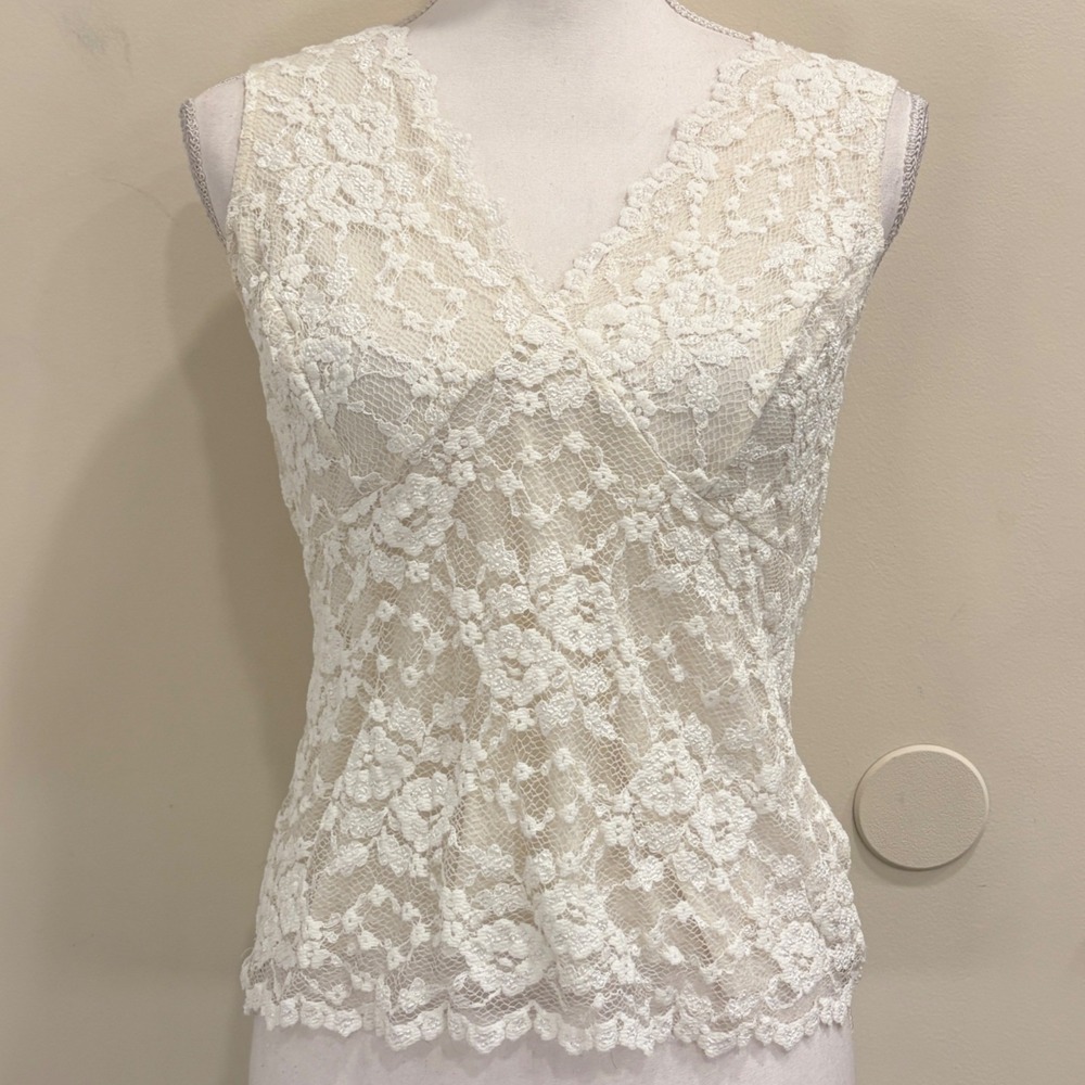 VTG Y2K Softwear by Mark Singer‎ Cream Floral Lace Sleeveless V-Neck Cami Top